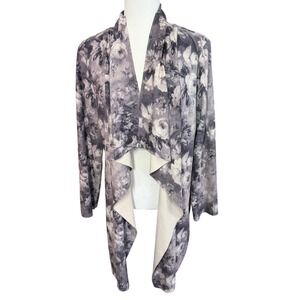 Solitaire Floral Draped Cardigan Women XL Gray Faux Suede Open Front Romantic
